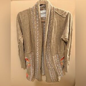 Anthropologie Caite Athleta Handmade Embroidered Open Cardigan in Tan Women’s XS
